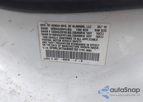 2010 Honda Odyssey Ex-L z USA, uszkodzony, nr VIN 5FNRL3H78AB083102